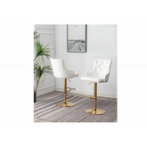 Adjustable Swivel Bar Stool (Set of 2) with Gold Base, Velvet Upholstered Kitchen Chair, Nailhead Trim and Tufted back, White