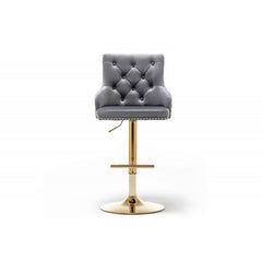 Adjustable Swivel Bar Stool (Set of 2) with Gold Base, Velvet Upholstered Kitchen Chair, Nailhead Trim and Tufted back, Gray