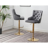 Adjustable Swivel Bar Stool (Set of 2) with Gold Base, Velvet Upholstered Kitchen Chair, Nailhead Trim and Tufted back, Gray