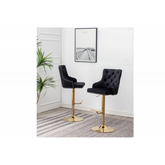 Adjustable Swivel Bar Stool (Set of 2) with Gold Base, Velvet Upholstered Kitchen Chair, Nailhead Trim and Tufted back, Black