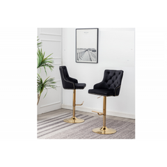 Adjustable Swivel Bar Stool (Set of 2) with Gold Base, Velvet Upholstered Kitchen Chair, Nailhead Trim and Tufted back, Black