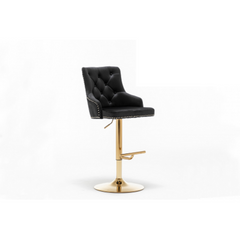 Adjustable Swivel Bar Stool (Set of 2) with Gold Base, Velvet Upholstered Kitchen Chair, Nailhead Trim and Tufted back, Black