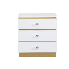 Living Room End Table with 3 Storage Drawers in White Lacquer, Brushed Gold Finish