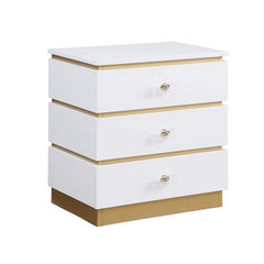 Living Room End Table with 3 Storage Drawers in White Lacquer, Brushed Gold Finish