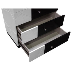 Modern Bedroom 5-Drawer Chest Lacquer Finish Wood Storage Unit, Clothes Organizer, Geometric Pattern and Crystal Knob, Black/White