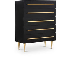 Contemporary 5-Drawer Chest with Gold Accent, 1 Piece Drawer Dresser for Bedroom, Wooden Storage Unit, Black