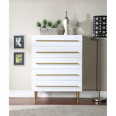 Contemporary 5-Drawer Chest with Gold Accent, 1 Piece Drawer Dresser for Bedroom, Wooden Storage Unit, White