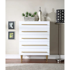 Contemporary 5-Drawer Chest with Gold Accent, 1 Piece Drawer Dresser for Bedroom, Wooden Storage Unit, White