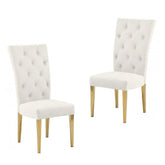 Modern Velvet Upholstered Dining Chair Set of 2, Gold Finish Legs Tufted Kitchen Chair, Cream
