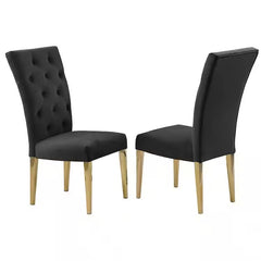 Modern Velvet Upholstered Dining Chair Set of 2, Gold Finish Legs Tufted Kitchen Chair, Black