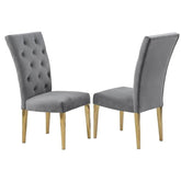 Modern Velvet Upholstered Dining Chair Set of 2, Gold Finish Legs Tufted Kitchen Chair, Gray