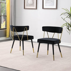 Glam Velvet Dining Chair Set of 2 with Gold Trim, Padded Seat Upholstered Kitchen Side Chair, Black