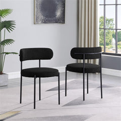 Contemporary Dining Chair Set of 2, Boucle Fabric Upholstered Kitchen Chair with Metal Frame, Black