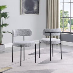 Contemporary Dining Chair Set of 2, Boucle Fabric Upholstered Kitchen Chair with Metal Frame, Gray