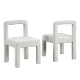 Modern Dining Chair Set of 2, Boucle Upholstered Kitchen Chair Set with Square Open Back, White
