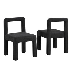 Modern Dining Chair Set of 2, Boucle Upholstered Kitchen Chair Set with Square Open Back, Black