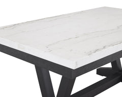 1pc Transitional Modern Formal Dining Table White Genuine Marble Rectangular Table Top Trestle Base Black Finish Legs Wooden Dining Room Furniture