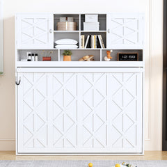 Queen Size Wall Murphy Bed with Ample Storage Space and Diamond Stripes, White