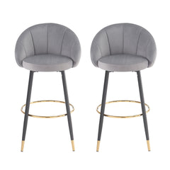 40.5" High Back, Gray Velvet & Gold Metal Bar Stool, 300lb Capacity, Luxe Modern Design for Home Bars & Cafes, Set of 2