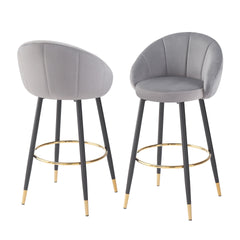 40.5" High Back, Gray Velvet & Gold Metal Bar Stool, 300lb Capacity, Luxe Modern Design for Home Bars & Cafes, Set of 2