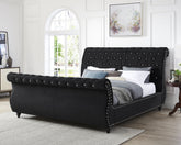 Evora Black Velvet Upholstered Crystal Button Tufted Sleigh Bed, Queen