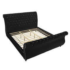Evora Black Velvet Upholstered Crystal Button Tufted Sleigh Bed, Queen