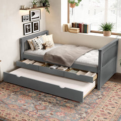 Twin Platform Bed with Drawers and Trundle, Solid Wood Daybed, No Spring Box Needed, Gray