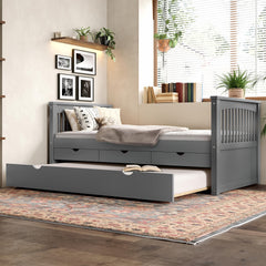 Twin Platform Bed with Drawers and Trundle, Solid Wood Daybed, No Spring Box Needed, Gray