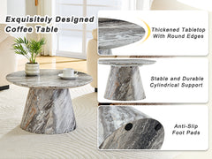 Grey textured medium density fiberboard circular coffee table - diameter 23.6 inches, height 13.7 inches Grey textured veneer, delicate texture, flexible adaptation to circular tabletop.
