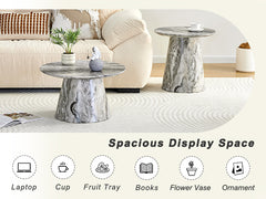 Grey textured medium density fiberboard circular coffee table - diameter 23.6 inches, height 13.7 inches Grey textured veneer, delicate texture, flexible adaptation to circular tabletop.