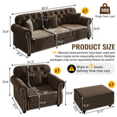 Upholstered Velvet Sofa with Nailhead Trim and Rolled Armrests,Mid-Century Modern Chesterfield Sofa with Button Tufted,Includes 1 ottoman,Brown