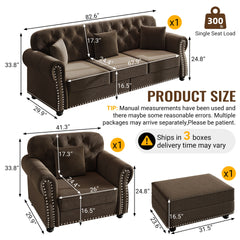 Upholstered Velvet Sofa with Nailhead Trim and Rolled Armrests,Mid-Century Modern Chesterfield Sofa with Button Tufted,Includes 1 ottoman,Brown