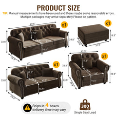 Upholstered Velvet Sofa with Nailhead Trim and Rolled Armrests,Mid-Century Modern Chesterfield Sofa with Button Tufted,Includes 1 ottoman,Brown