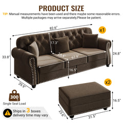 82.6"Upholstered Velvet Sofa with Nailhead Trim and Rolled Armrests,Mid-Century Modern Chesterfield Sofa with Button Tufted,Includes 3 Pillows,Brown