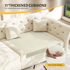 100" Oversize Pull Out Sofa Bed, Convertible Sleeper Sofa with Handmade Fabric Flower Tufted Design,Multi-Functional Velvet Loveseat Bed for Living Room,Bedroom,Apartment,Beige/White