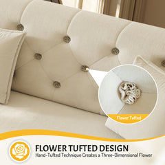 100" Oversize Pull Out Sofa Bed, Convertible Sleeper Sofa with Handmade Fabric Flower Tufted Design,Multi-Functional Velvet Loveseat Bed for Living Room,Bedroom,Apartment,Beige/White