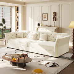 100" Oversize Pull Out Sofa Bed, Convertible Sleeper Sofa with Handmade Fabric Flower Tufted Design,Multi-Functional Velvet Loveseat Bed for Living Room,Bedroom,Apartment,Beige/White