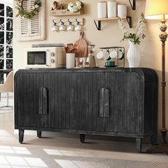 59'' Farmhouse Curved Vintage Storage Sideboard with Large Wooden Handles, Vertical Wood Grain Carving and Adjustable Shelves for Kitchen,Dining Room (Antique Black)