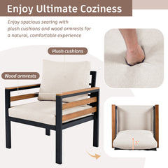 <Old SKU: N704G201246A> GO 4-Piece Outdoor Furniture Sofa Set for 5 People with Acacia Wood Armrests, Patio Conversation Set with Removable Cushion and Solid Wood Coffee Table for Garden,Beige