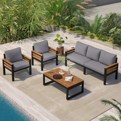 <Old SKU: N704G201246E> GO 4-Piece Outdoor Furniture Sofa Set for 5 People with Acacia Wood Armrests, Patio Conversation Set with Removable Cushion and Solid Wood Coffee Table for Garden, Grey