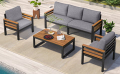 <Old SKU: N704G201246E> GO 4-Piece Outdoor Furniture Sofa Set for 5 People with Acacia Wood Armrests, Patio Conversation Set with Removable Cushion and Solid Wood Coffee Table for Garden, Grey