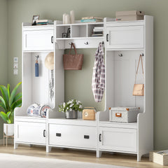 ON-TREND Modern Style 4-in-1 Multiple Functions Hallway Coat Rack with Seven Metal Black Hooks, Entryway Bench Hall Tree with Ample Storage Drawer, White (Old SKU: SD000006AAK)