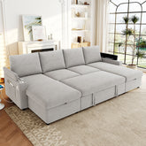 Convertible Sofa Bed 109.5" U-Shaped Sectional Sofa Modern Upholstered Sofa with Storage Chaise Lounges, Cup Holders, USB Ports, and Storage Boxes & Pockets for Living Room, Grey
