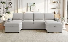 Convertible Sofa Bed 109.5" U-Shaped Sectional Sofa Modern Upholstered Sofa with Storage Chaise Lounges, Cup Holders, USB Ports, and Storage Boxes & Pockets for Living Room, Grey