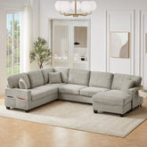 Sectional Sofa U-shaped Sectional 125.2" Upholstered L-shaped Sofa with a Movable Ottoman and Side Storage Pockets for Living Room, Light Taupe
