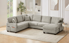 Sectional Sofa U-shaped Sectional 125.2" Upholstered L-shaped Sofa with a Movable Ottoman and Side Storage Pockets for Living Room, Light Taupe