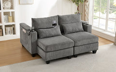 Convertible Chaise Lounge 63" Loveseat Sofa Sofa Bed Corduroy Sleeper Sofa with USB Ports , Two Cup Holders, A Phone Holder and Ample Storage Space for Living Room and Bedroom, Grey
