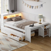 Full Size Daybed with Storage Shelves,Drawers,Trundle,Charging Station,LED Light,Desk and Cabinet,White