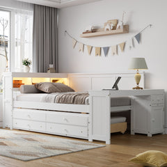 Full Size Daybed with Storage Shelves,Drawers,Trundle,Charging Station,LED Light,Desk and Cabinet,White