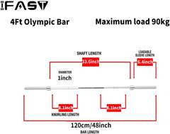 Barbell Bar for 2" Olympic Plates, Home Gym Weightlifting Bar 4Ft Solid Chrome Weight Bar Fitness Training Curl Barbell